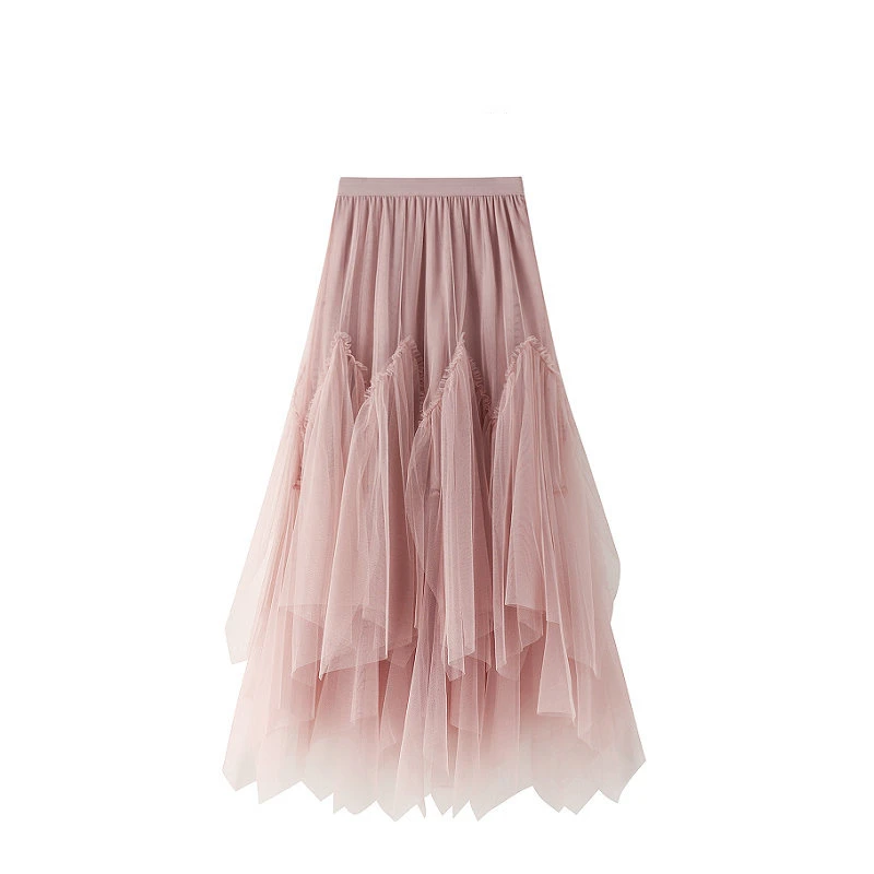Pink Long Skirt Women for Spring Autumn Winter A- line Tutu Mesh Irregular Pleated Skirt Women With Lining