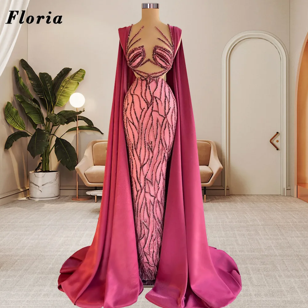 

Elegant Capped Sleeves Evening Dresses Couture Beaded Crystals Pageant Prom Dress Dubai Islamic Wedding Party Gown Robes Du Soir