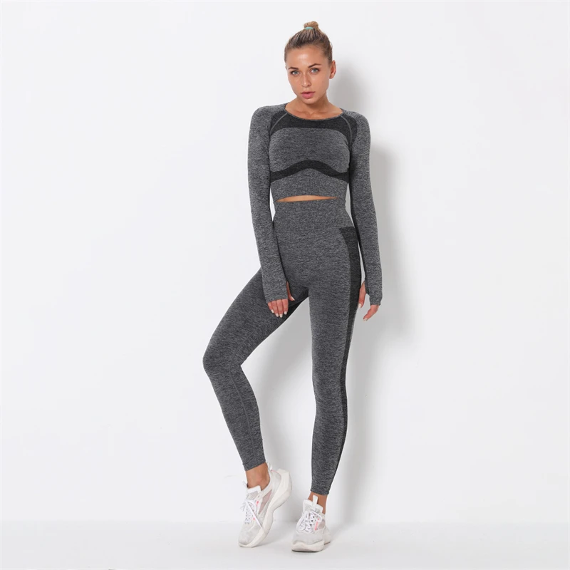 

Yoga Set Women Seamless Fitness Clothing Yoga Sport Long Sleeves Back Hollow Tops Gym Leggings Pants Suit Workout Sportswear
