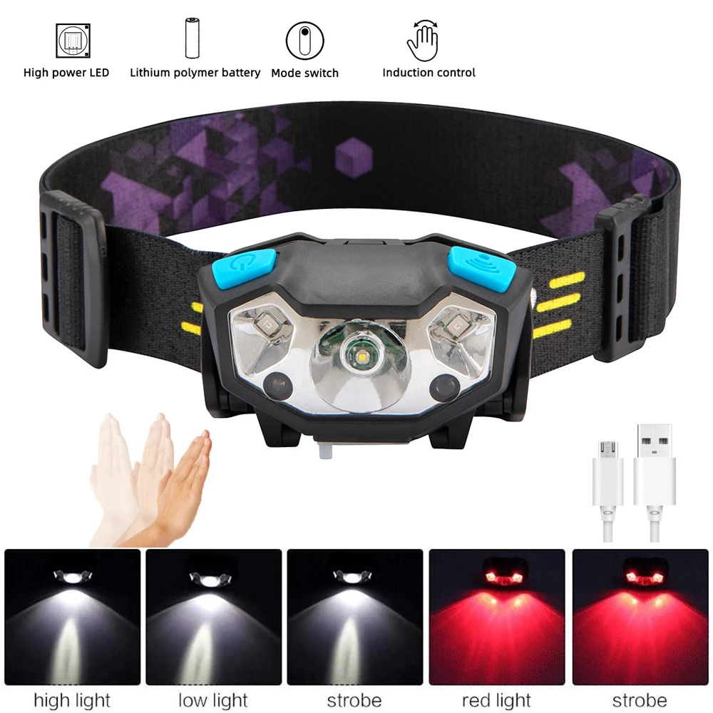 

Portable COB LED Headlamp USB Rechargeable Smart Induction headlight Red + White Camping Fishing flashlight Lanterna