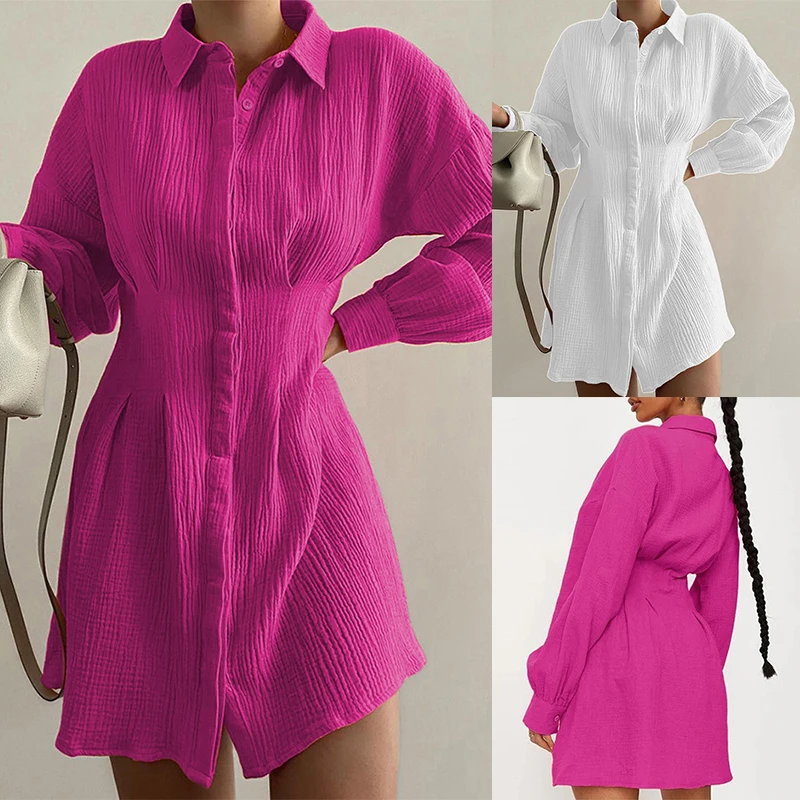 

Women Shirts Dress Office Lady Long Puff Sleeve V-Neck High Waist Mini Dress Solid White Black Defined Waist Shirt Tunic Dress