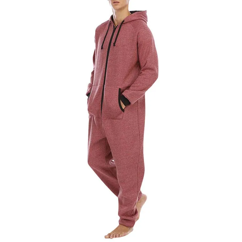 3 Colors Men Fall Warm Sleeping Jumpsuit Solid Color Hooded Long Sleeves Zip-Up Romper with Pocket for Home Loungewear Sleepwear