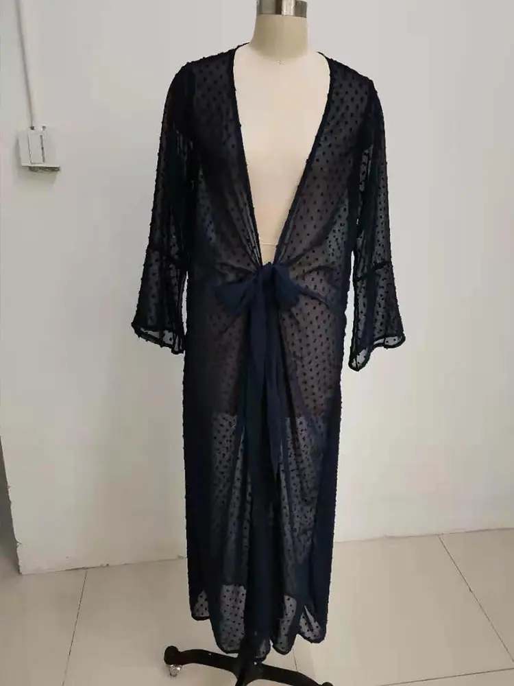 Summer Cover up Dress Women Swiss Dot White Beach Tunic Long Pareos Bikini SwimWear Cardigan See Through Robe Plage Beachwear |