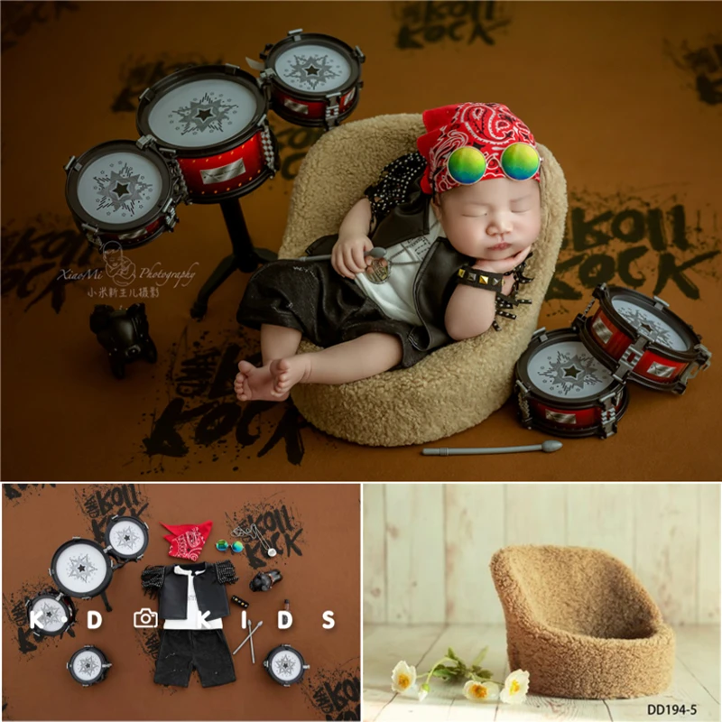 Newborn Baby Boys Photography Props Cool Rock Leather Outfits Mini Drum Guitar Glasses Decorations Fotografia Studio Photo Props enlarge