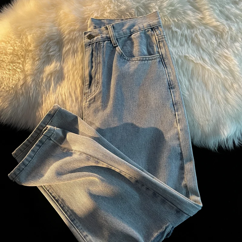 2022 New Men's Shredded Denim Ankle-Length Pants Korean Style Fashion Casual Baggy Wide-leg Jeans Male Trousers