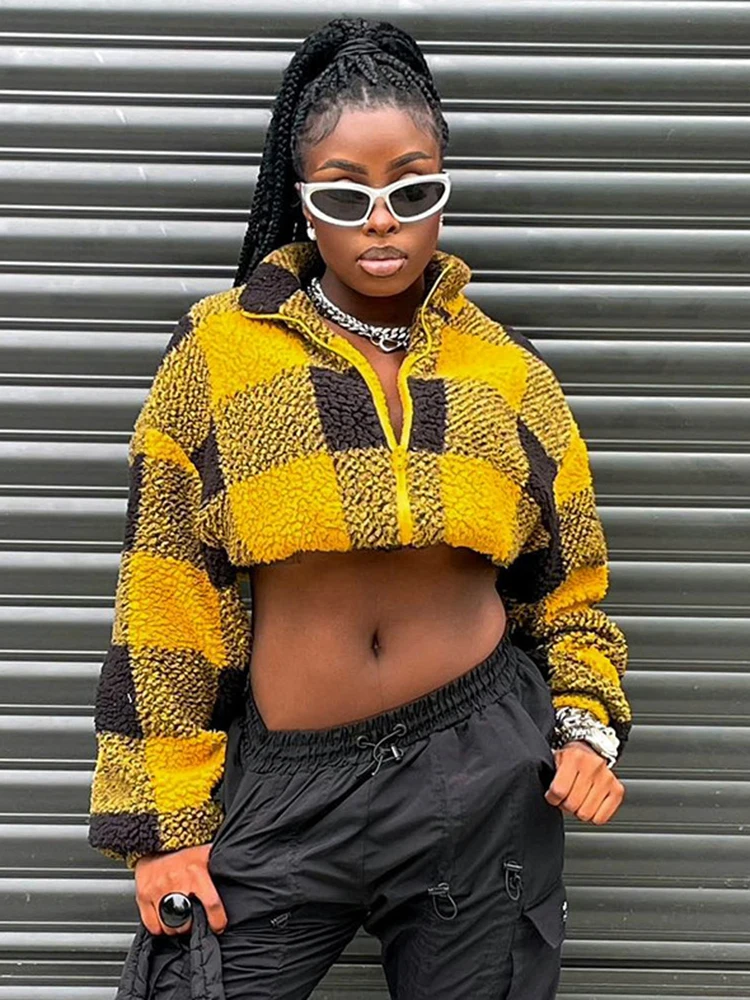 

Sifreyr Autumn Winter Y2K Cardigan Crop Top Women Vintage Zipper Plaid Long Sleeve Jacket Coats Streetwear Plush Soft Outerwear