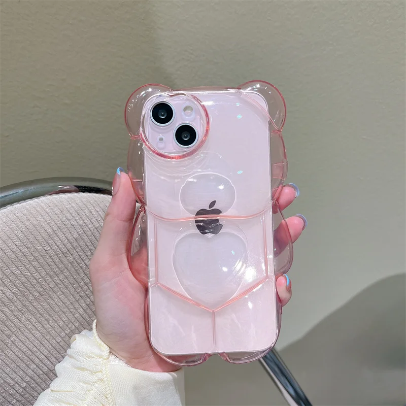 INS Japan Cute 3D Love Heart Bear Transparent Phone Case For iPhone 14 13 Pro Max 12 11 X XR XS Silicone Soft Protective Cover