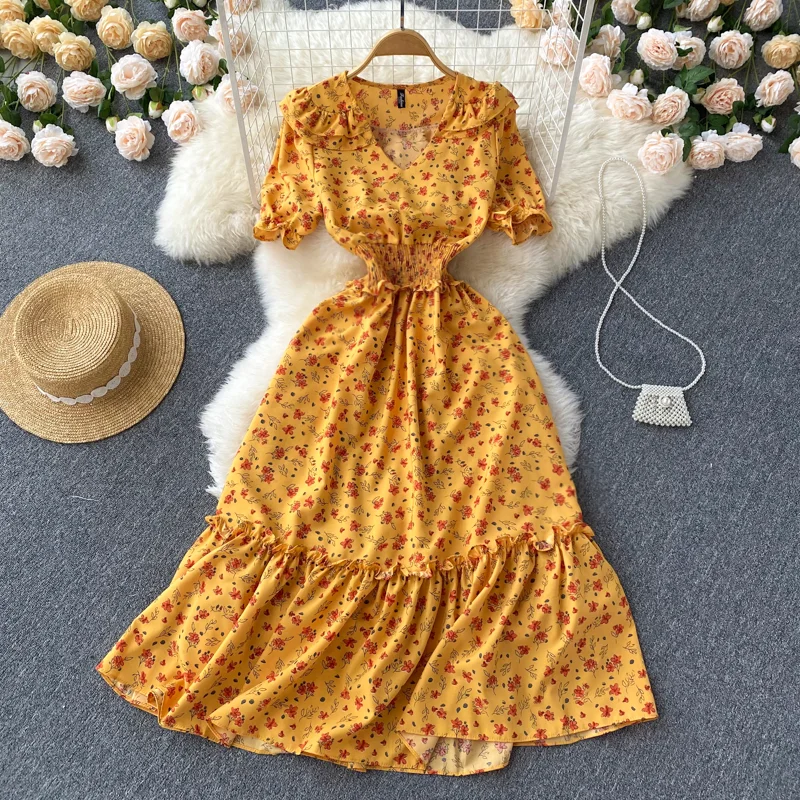 Женское винтажное платье с V-образным вырезом и цветочным принтом |