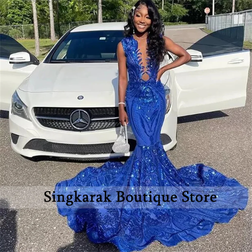 

Sparking Royal Blue Sequined Prom Dresses 2022 Sheer Neck African Aso Ebi Mermaid Party Gown Court Train Robe De Bal Custom