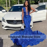 sparking royal blue sequined prom dresses 2022 sheer neck african aso ebi mermaid party gown court train robe de bal custom