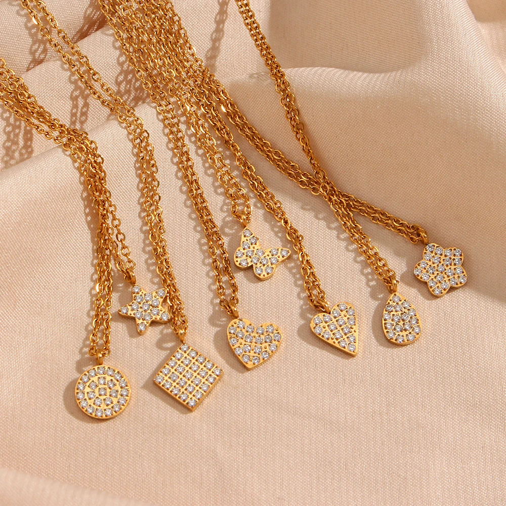 

Delicate Inlaid Zircon Star Heart Butterfly Flower Geometric Pendant Necklaces High Quality 18K Gold Plated Necklaces for Women