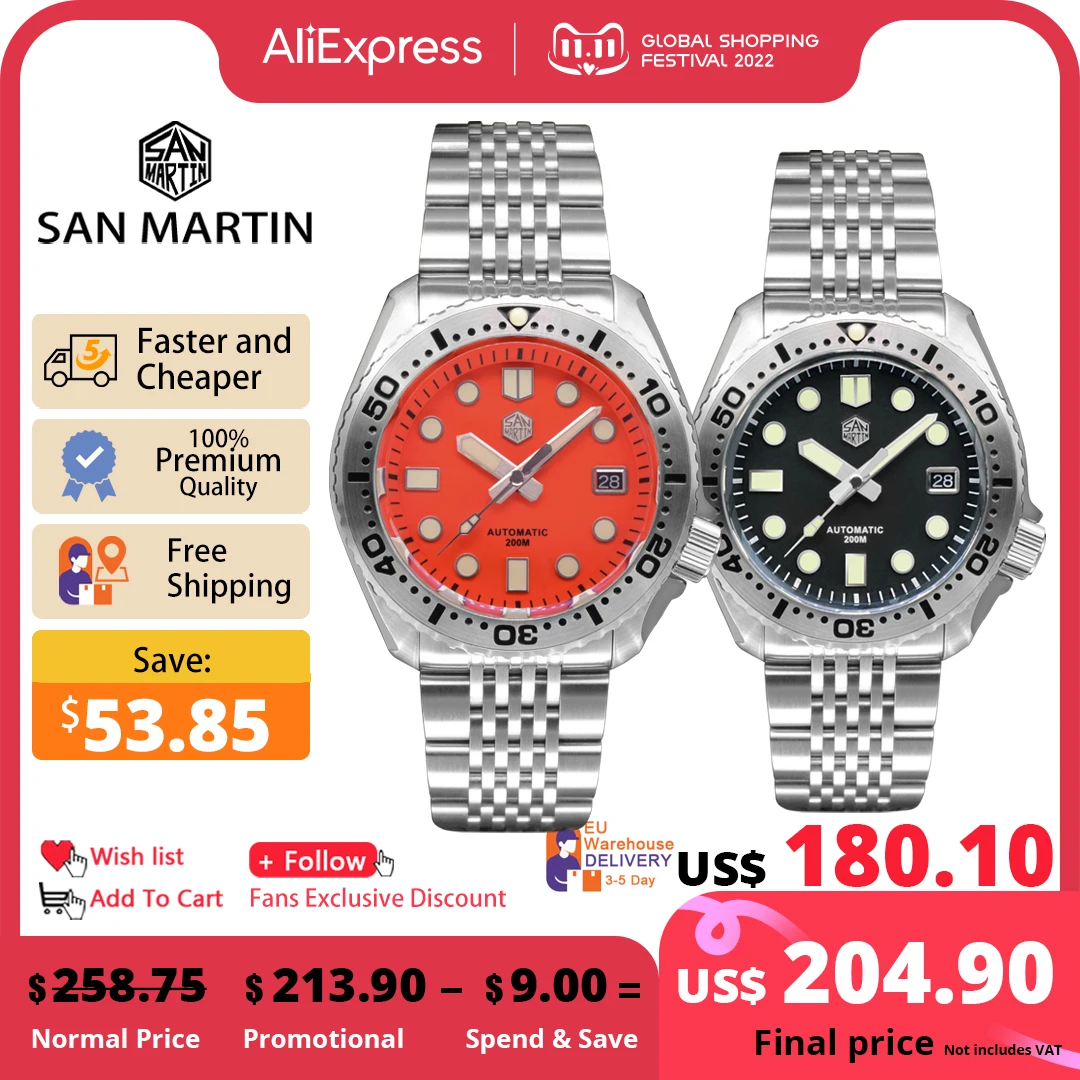 Pаспродажа Роскошные мужские часы для дайвинга San Martin Abalone NH35, механические деловые наручные часы, браслет, светящийся сапфир, 20 бар, Relojes, часы