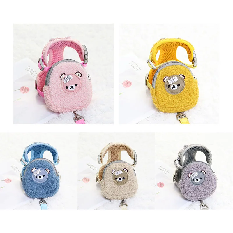 

Warm Lamb Wool Cartoon Bear Dog Backpack Harness With Leash Set Pet Cat Small Animal Carrier Lead Products Poop Bag Collar