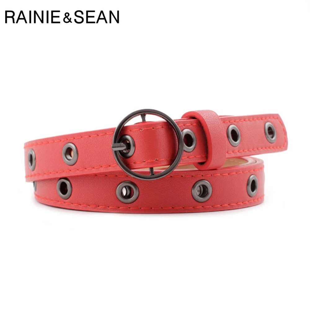 RAINIE SEAN Vintage Belts for Jeans Women Round Buckle Thin Leather Belt Female Hollow Out Blue White Black Red Ladies Strap