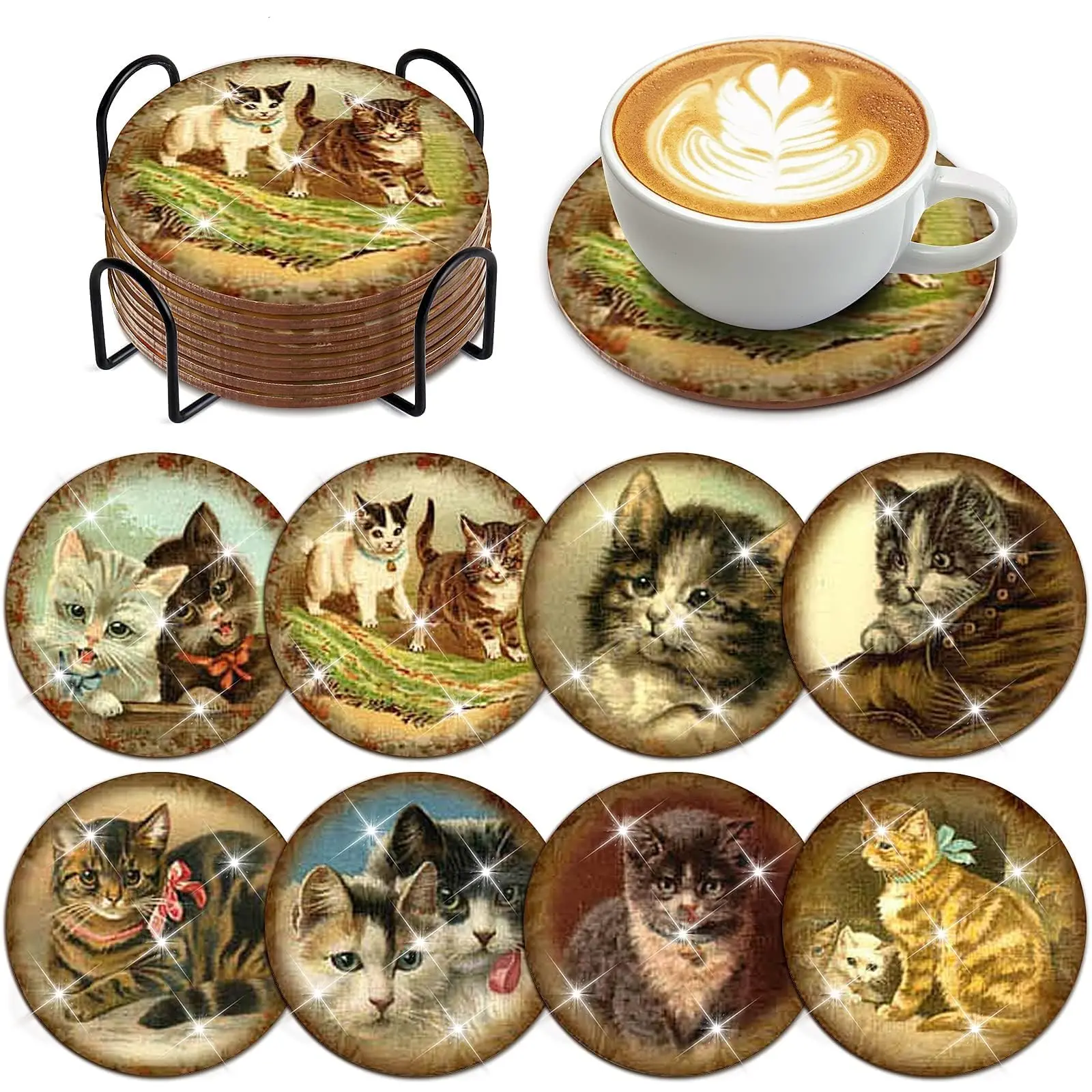 

8 Pcs Cat Diamond Art Painting Coasters Kits with Holder DIY Cute Cat Diamond Art Coaster Non Slip Coaster for AdultsDiamond