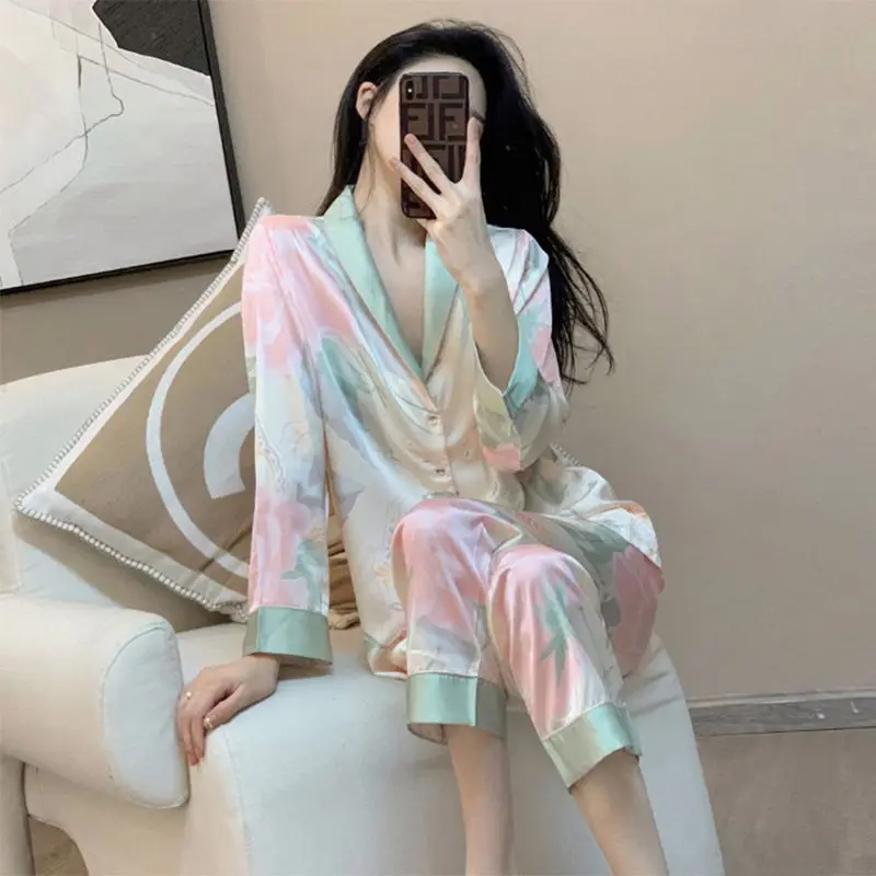 High-grade silk pajamas female the spring and autumn period and the new ice long-sleeved pants silk leisurewear suit