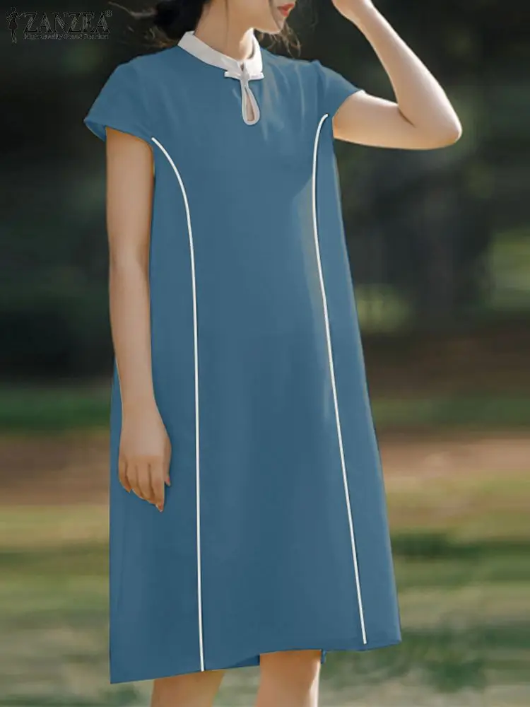 

ZANZEA Casual Loose Binding Retro Robe Vintage Cap Sleeve Knee-length Dresses Summer Color Block Women Keyhole Neck A-line Dress