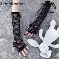 women lace elbow length half finger gloves sexy floral black string ribbon ties up dance party fingerless fishnet mesh mittens
