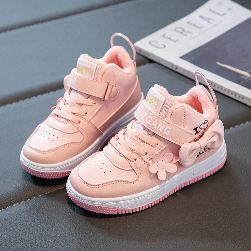 Winter Children Pink Leather Casual Sneakers Fashion Toddler Girls Plush Warm Sport Shoes Kids Bow-Knot Student Shoes 6-16Y