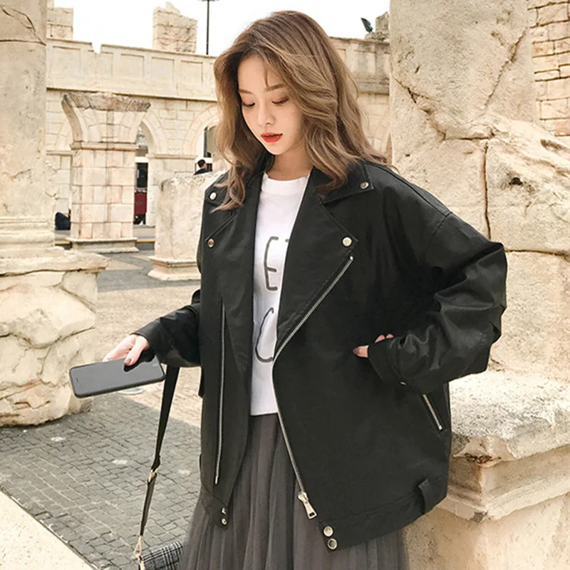 Women's Leather Winter  Velvet Padded Loose Women's Leather Jacket Short Coat Light Green  Zippers Loose Zip Leather Jackets