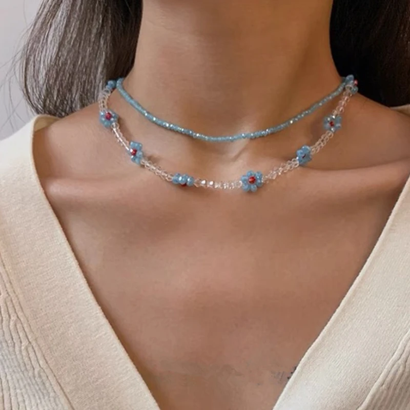

Korea Fashion Elegance Blue Flower Crystal Beaded Necklace for Women Girls Sweet Temperament Clavicle Chain Accessories Gifts