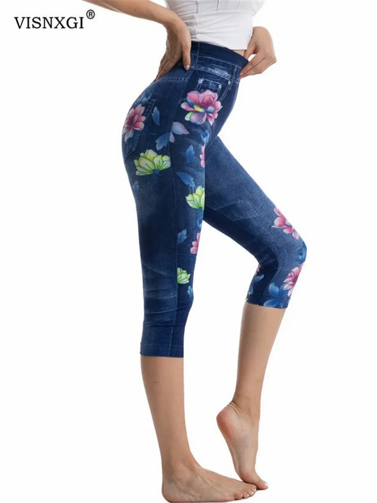 

VISNXGI Women Flowers Print Fashion Faux Jeans Leggings Stretch Mid-Calf Pants Summer Seamless Jeggings Elastic Push Up Trousers