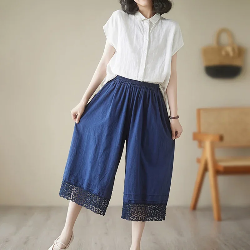 Женская одежда широкие брюки длиной до икры повседневные однотонные летние с