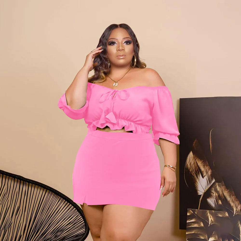 Plus Size Women 5xl Sets Off Shoulder Tops And Skirts 2022 Summer Two Piece Sets Lady Bow Outfits Female Wholesale Clothes