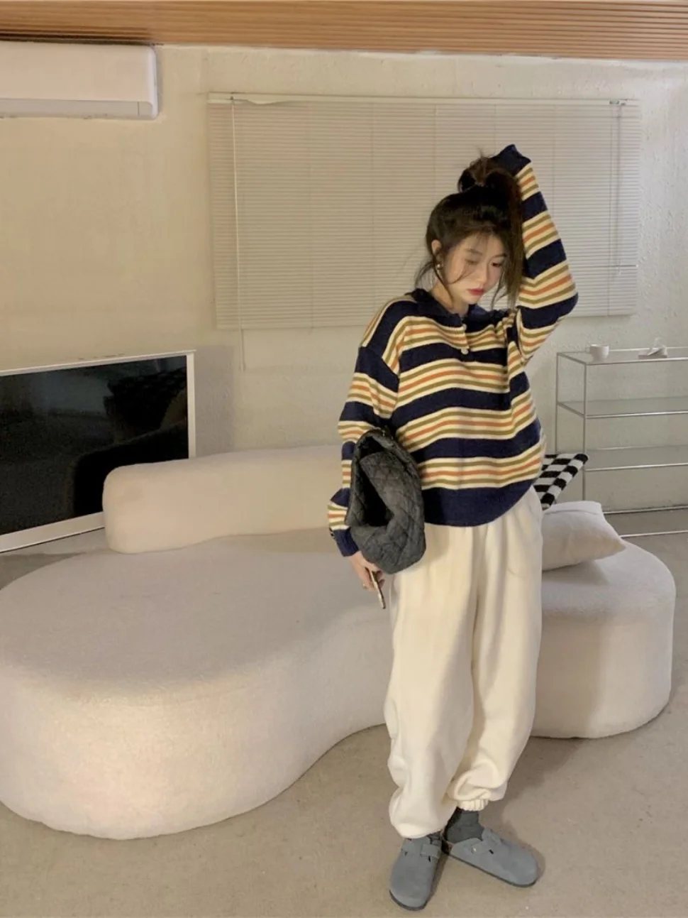 Свитер в полоску с воротником-поло стиле ретро женский осенне-зимний новый