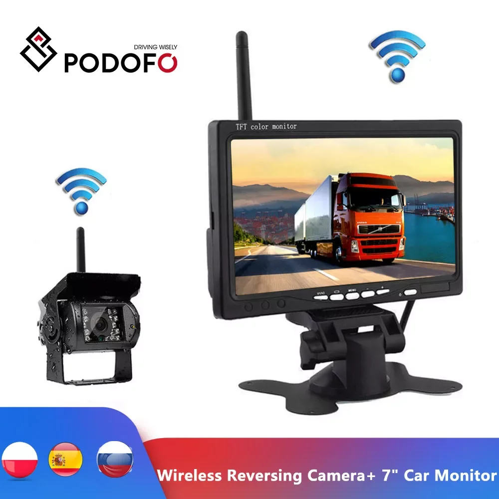 

Podofo Wireless Reverse Reversing Camera 7" HD LCD Car Monitor for Truck Bus Caravan RV Van Trailer Vehicle Rear View Camera