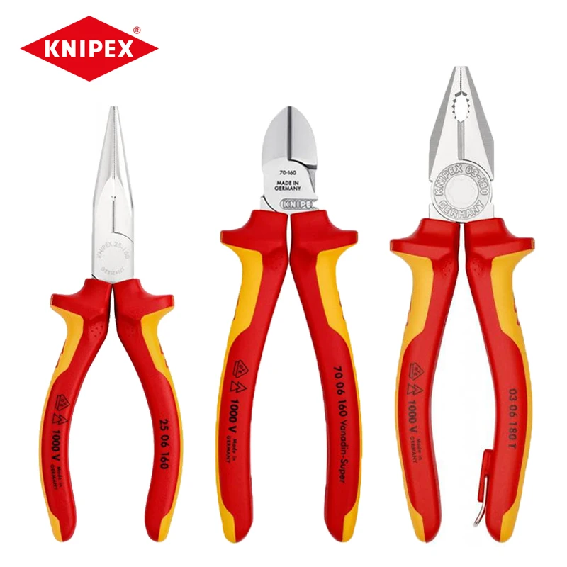 

KNIPEX Insulated Pliers Set 1000V Chrome Snipe Nose Side Cutting Pliers Combination Diagonal Cutter 2506160 0306180 7006160