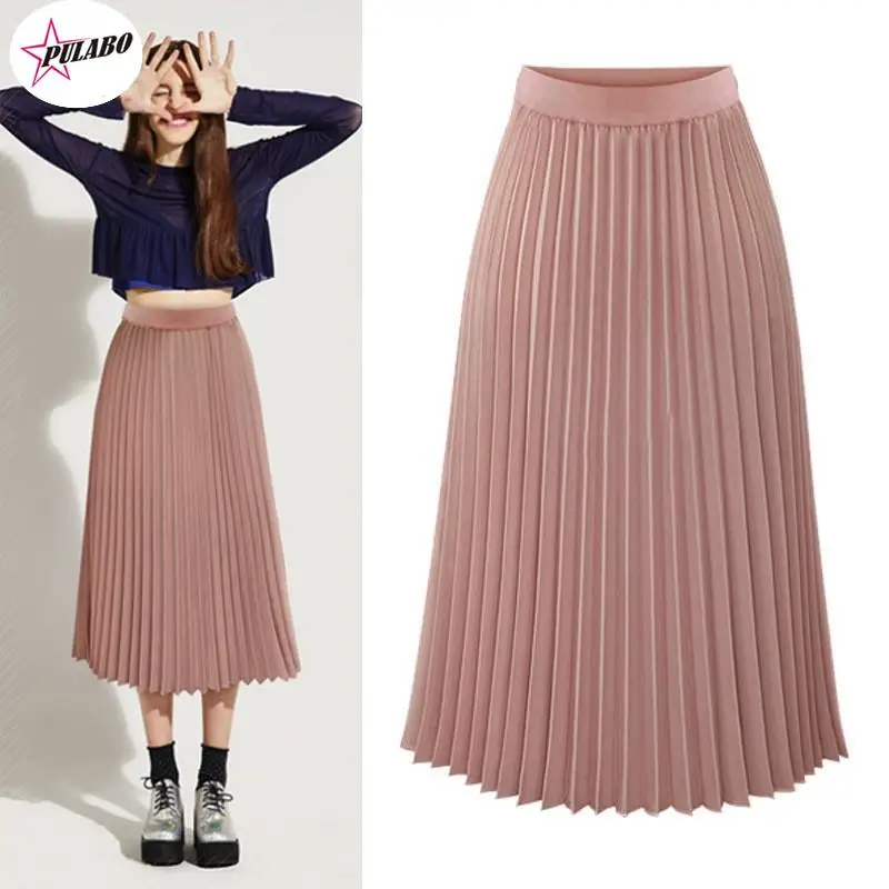 

Summer Fashion Long Pleated Skirts Woman 2022 Chiffon Folded Skirts Loose Solid Colour Beach Maxi Skirt