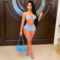wishyear 2022 cross chain denim booty shorts and bikini top sexy 2 piece sets summer club outfits for women beach suits