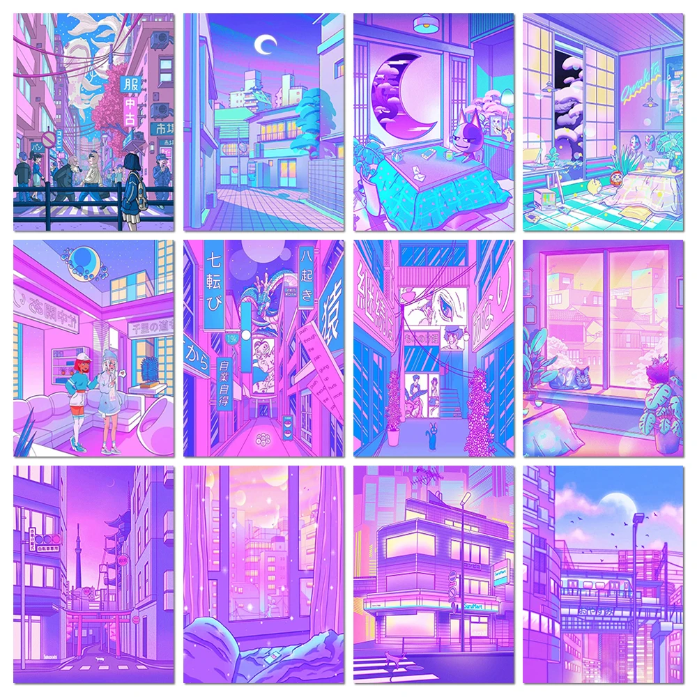 

Color City Street View Purple Anime Canvas Painting Posters Prints Wall Art Picturefor Living Children Kawaii Home Decoration