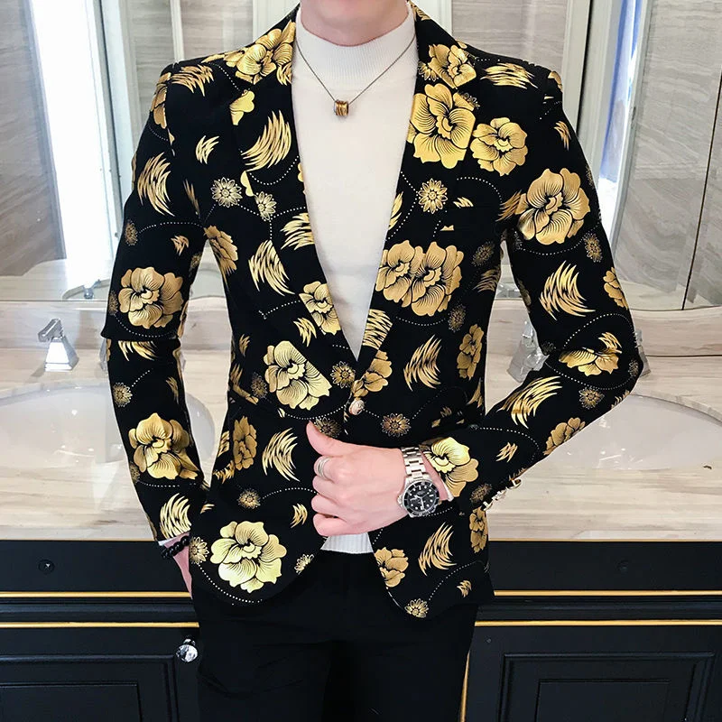 

Printed Floral Blazers Mens Night Club Outfits Gold Rose Bomber Jackets Dress Jackets Blazer Masculino Chaqueta Hombre Formal