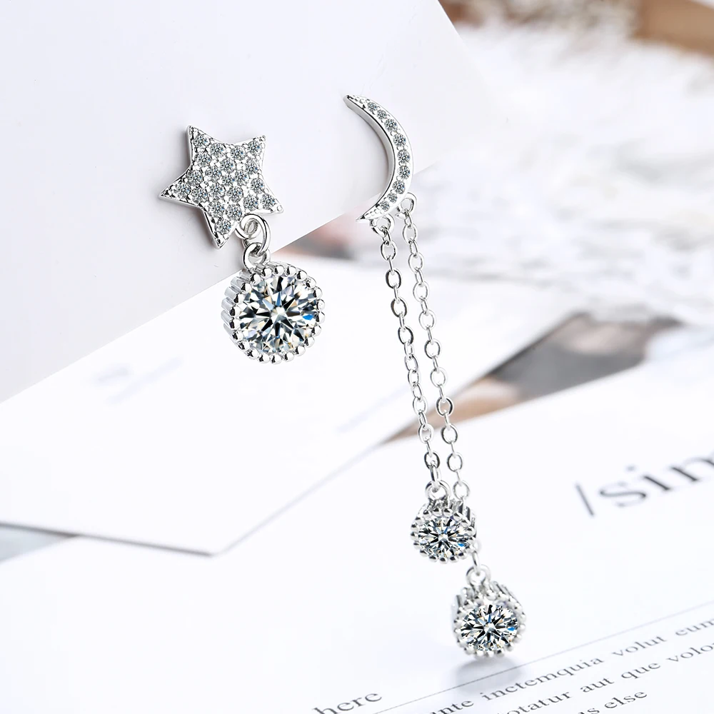 

925 Sterling Silver Asymmetry Jewelry Bling Stars & Moon Tassel Earrings for Women Girls Gift Statement Jewelry SCE982