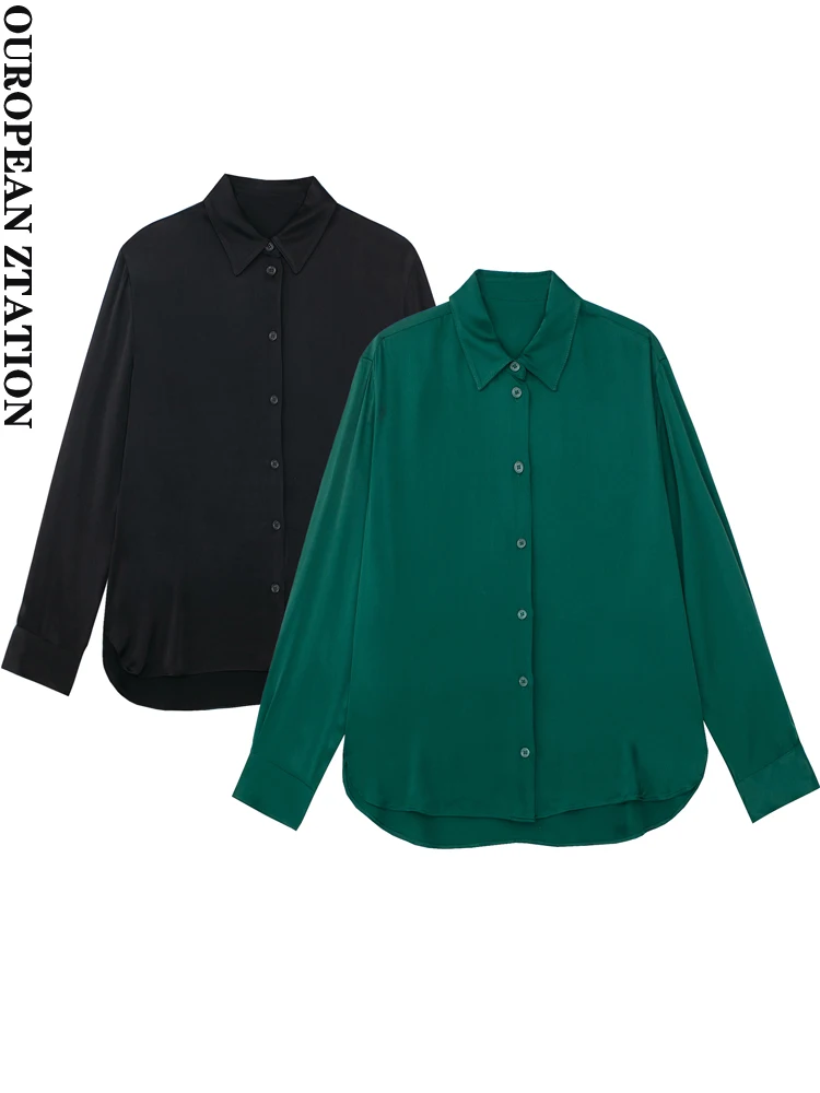 

PAILETE Women 2022 fashion asymmetric hem satin shirts vintage long sleeve button-up female blouses blusas chic tops