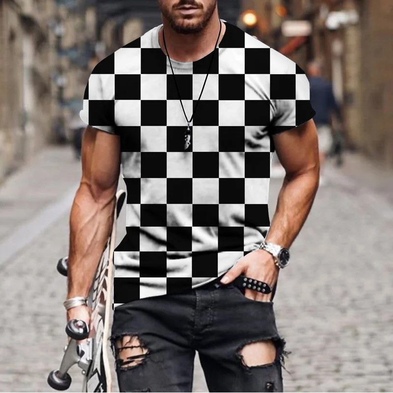 

Летняя модная футболка с 3D принтом, дышащая рубашка с коротким рукавом, простой узор в клетку и полоску, повседневная мужская футболка