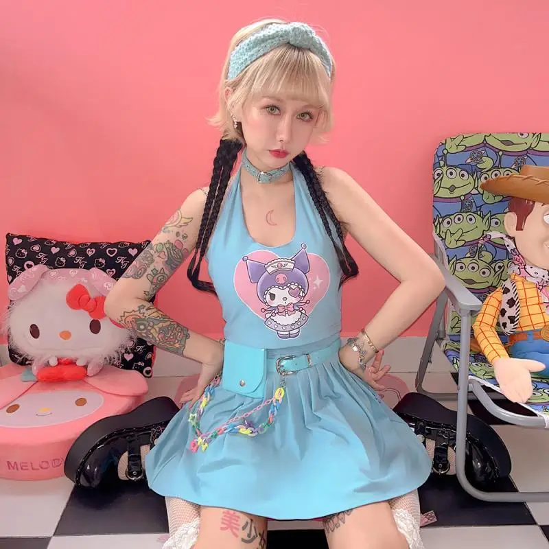 

2022 Kuromi Suspender Suit Kawaii Sanrio Harajuku Y2K Millennium Spice Girls Cartoon Halter Tank Top Skirt Summer Two Piece Suit