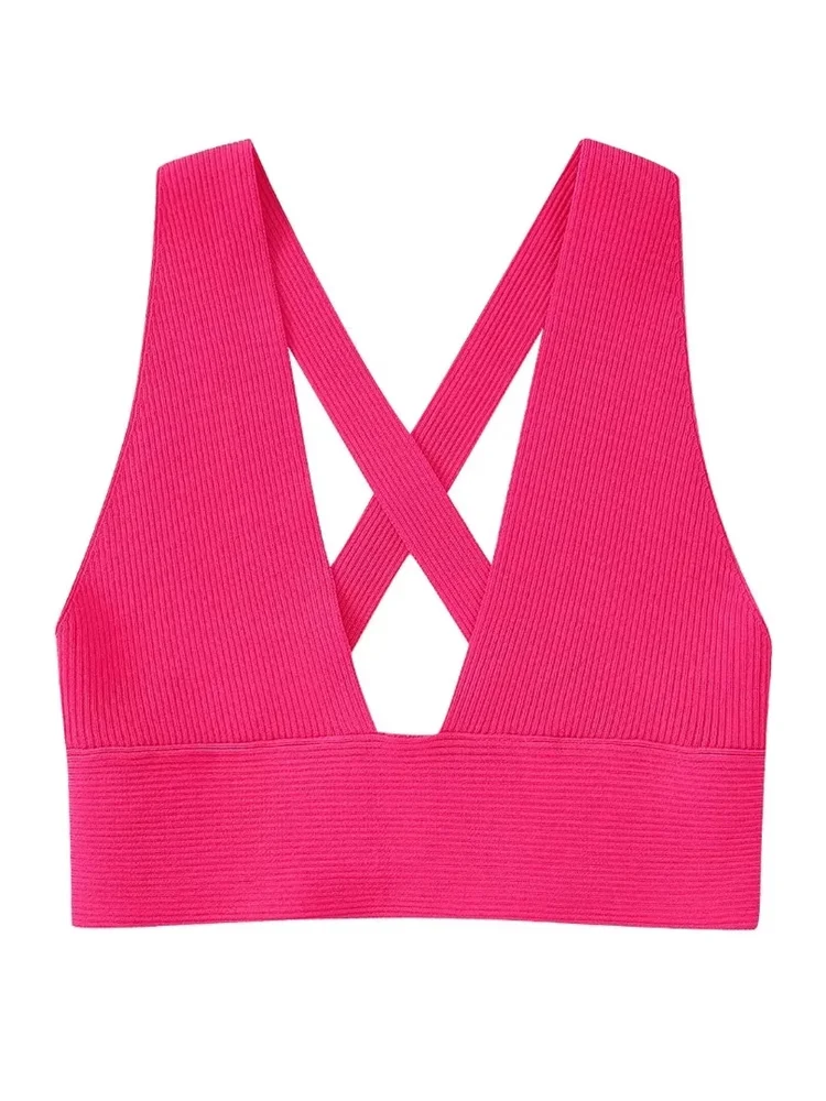 

2022 Summer Women Fashion With Pink Back Cross Straps Cropped Corset New Patchwork Sleeves Casual Female Tops Mujur