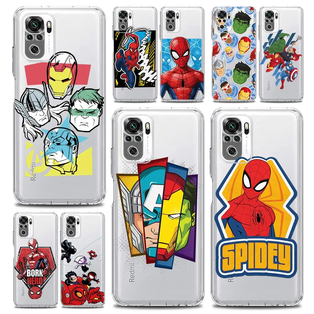 

Disney Spiderman Avengers Anime Phone Case For Xiaomi Redmi Note 11 9S 9 8 10 Pro 7 8T 9C 9A 8A K40 Pro 11T 5G Soft Clear Cover