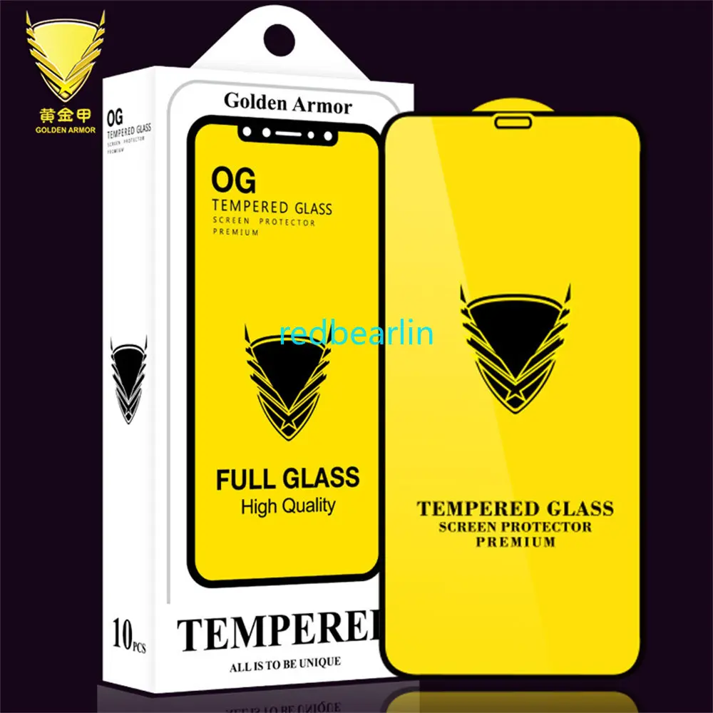 50Pcs Golden Armor Gold Full Glue Tempered Glass for iPhone 14 13 12 Pro Max 9H 0.3mm Full Cover Glass Screen Protector