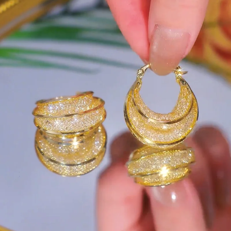 Серьги-кольца женские с инкрустацией из кристаллов циркония большие круглые