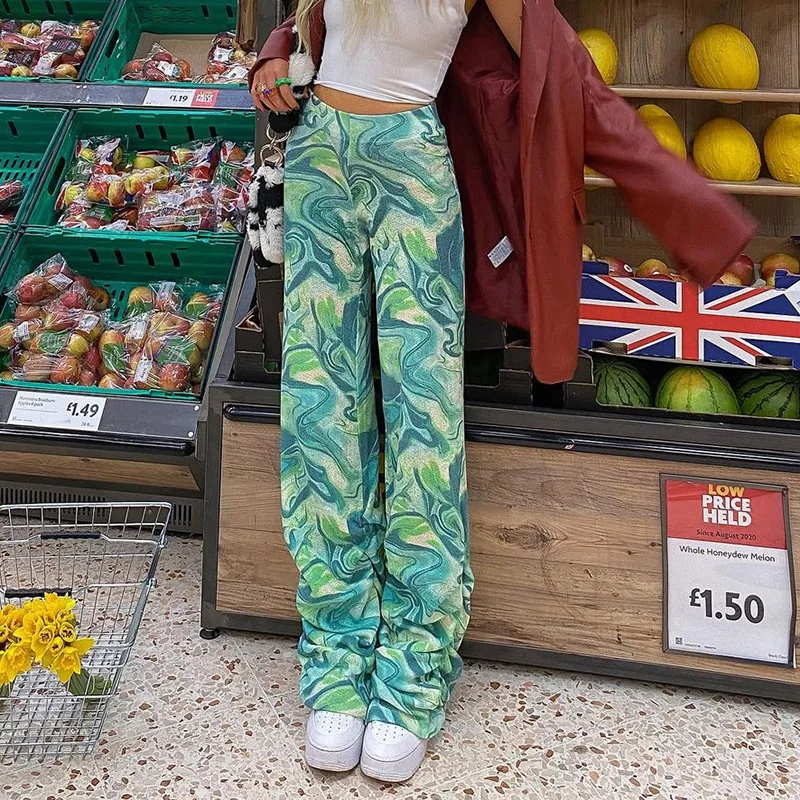 

2023 New Women Streetwear High Waist Baggy Trousers Aesthetics Casual Fashion Tie Dye Ripple Print Ruched Green Stacked Pants