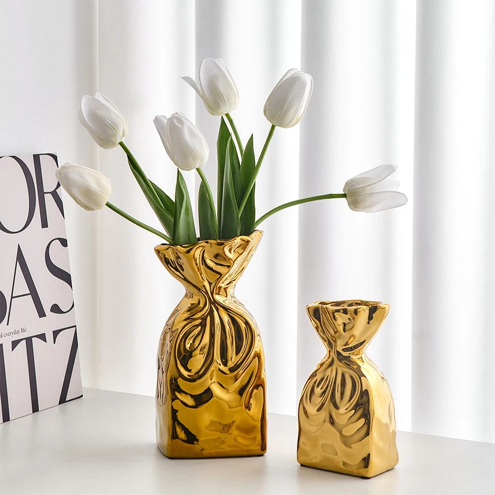 

Modern Luxury Electroplated Ceramic Vase Flower Arrangement Irregular Porcelain Hydroponic Vase Ornament Interior Art Decoration