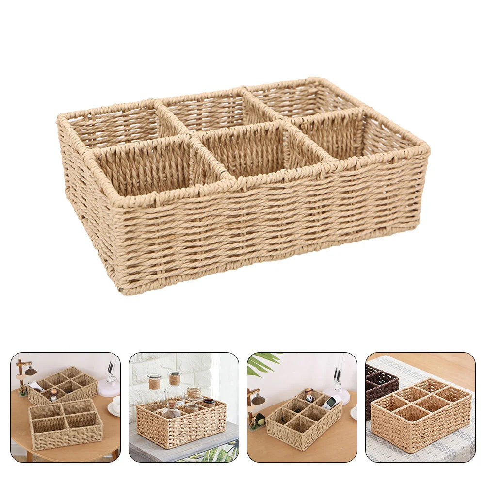 

Basket Woven Organizer Storage Baskets Wicker Compartment Toilet Rattan Holder Makeup Bin Desktop Seagrass Paper Divided