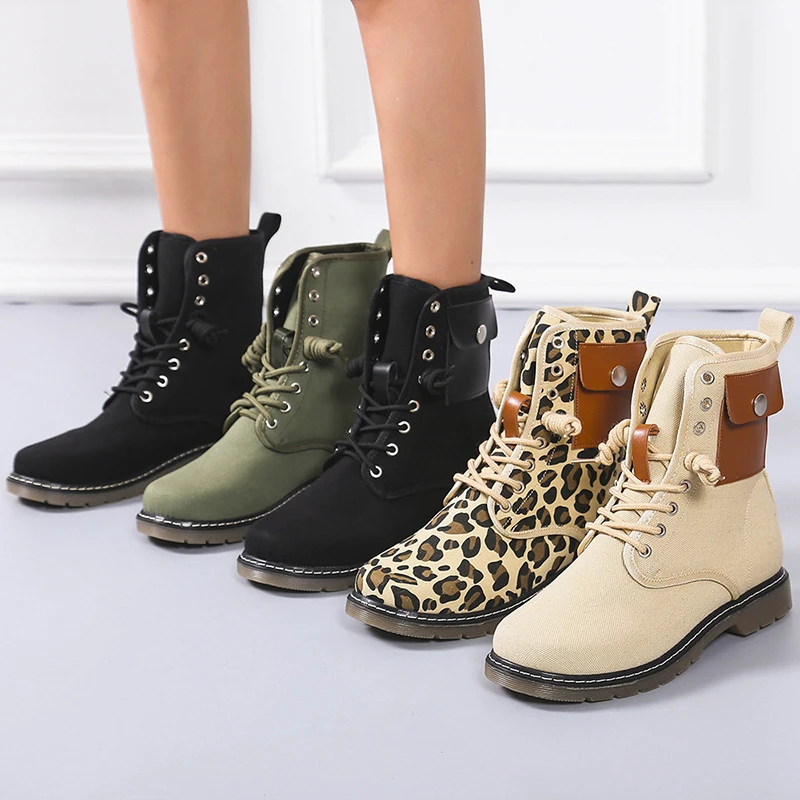 

Women Ankle Platform Fashion Casual Boots Woman Shoes Leopard Lace Up Comfortable Punk Short Boot Pocket Designer Women Shoes