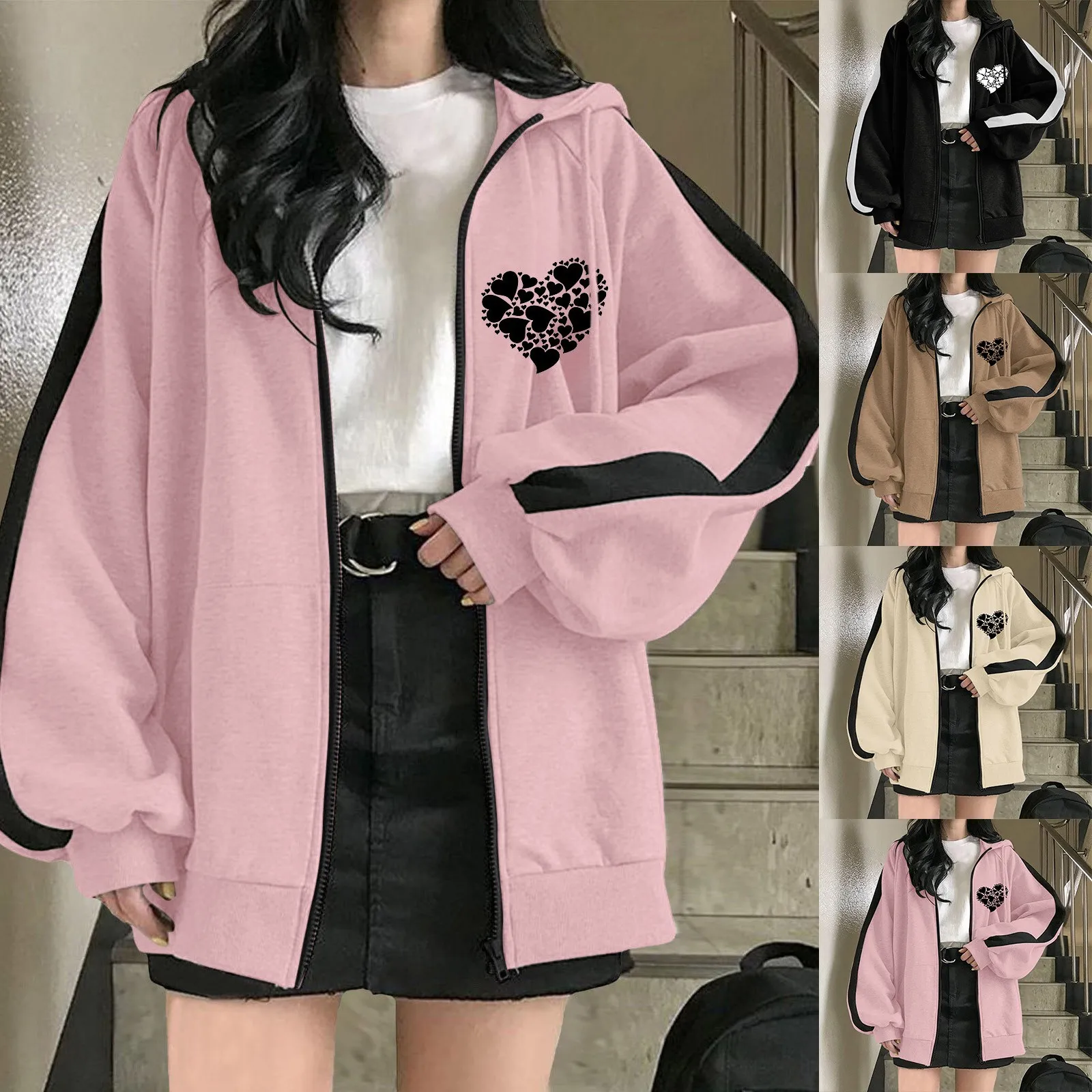 

Ladies Autumn Winter Casual Loose Fleece Hooded Zippered Long Sleeve Love Printed Jacket Coat Zip up No Hood