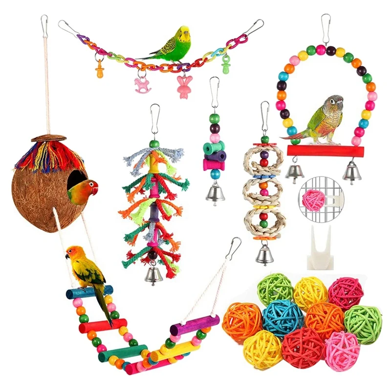 

Bird Toys Bird Parakeet Swing Chewing Hanging Toys Climbing Ladder Coconut Bird Cage Toys Suitable For Love Birds
