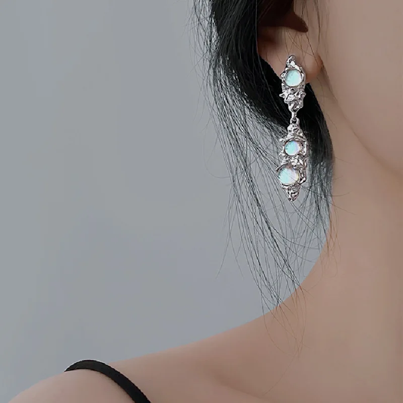 

High-Quality Moonstone Dangle Earrings with S925 Needle, Long Irregular Metal Tassel Design, Women's Statement Jewelry